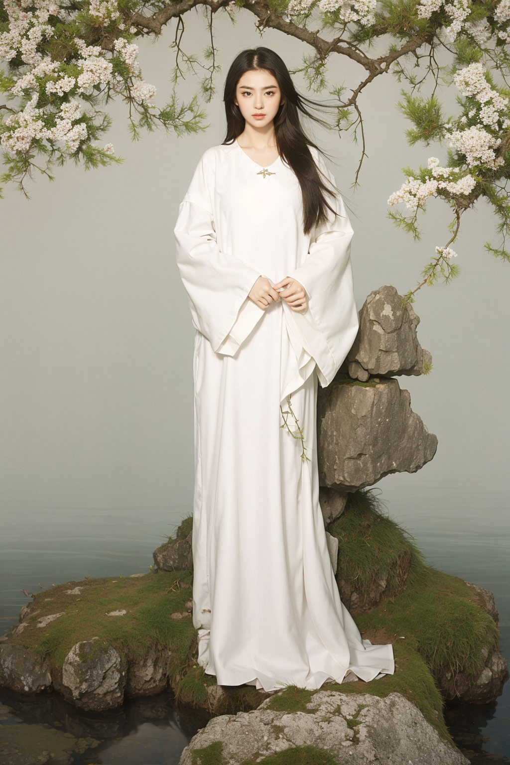 02605-2184325842-1 girl, solo, art imitation, long hair, black hair, rocks, trees, standing, white robe, branches, water, wide sleeves, realistic.png